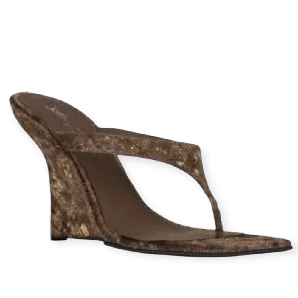 JEFFREY CAMPBELL ROMEE F CALF HAIR SCULPTED WEDGE SANDALS BROWN GOLD SPOT *NIB* - Picture 15 of 15